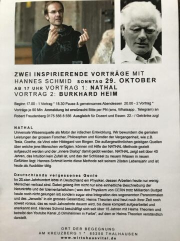 Vortrag von Hannes Schmid zu den Themen Nathal und Burghard Heim