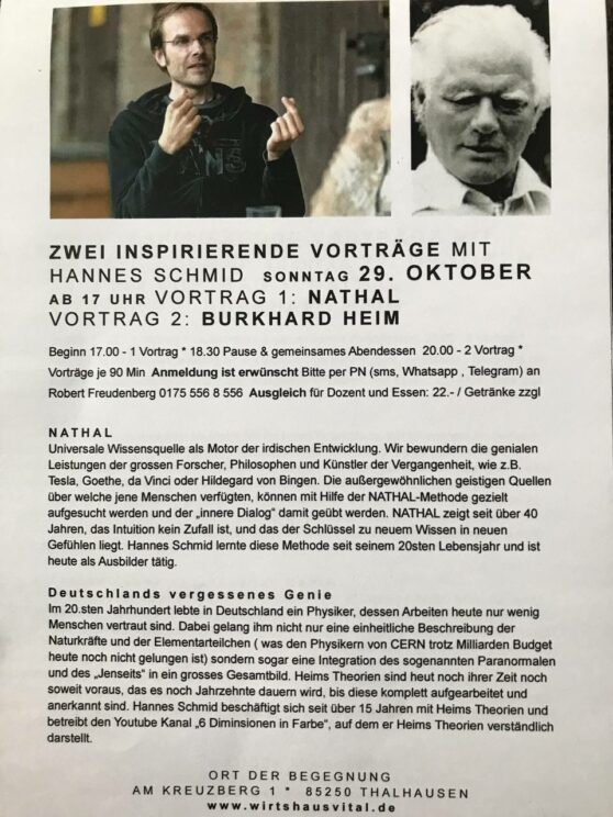 Vortrag von Hannes Schmid zu den Themen Nathal und Burghard Heim